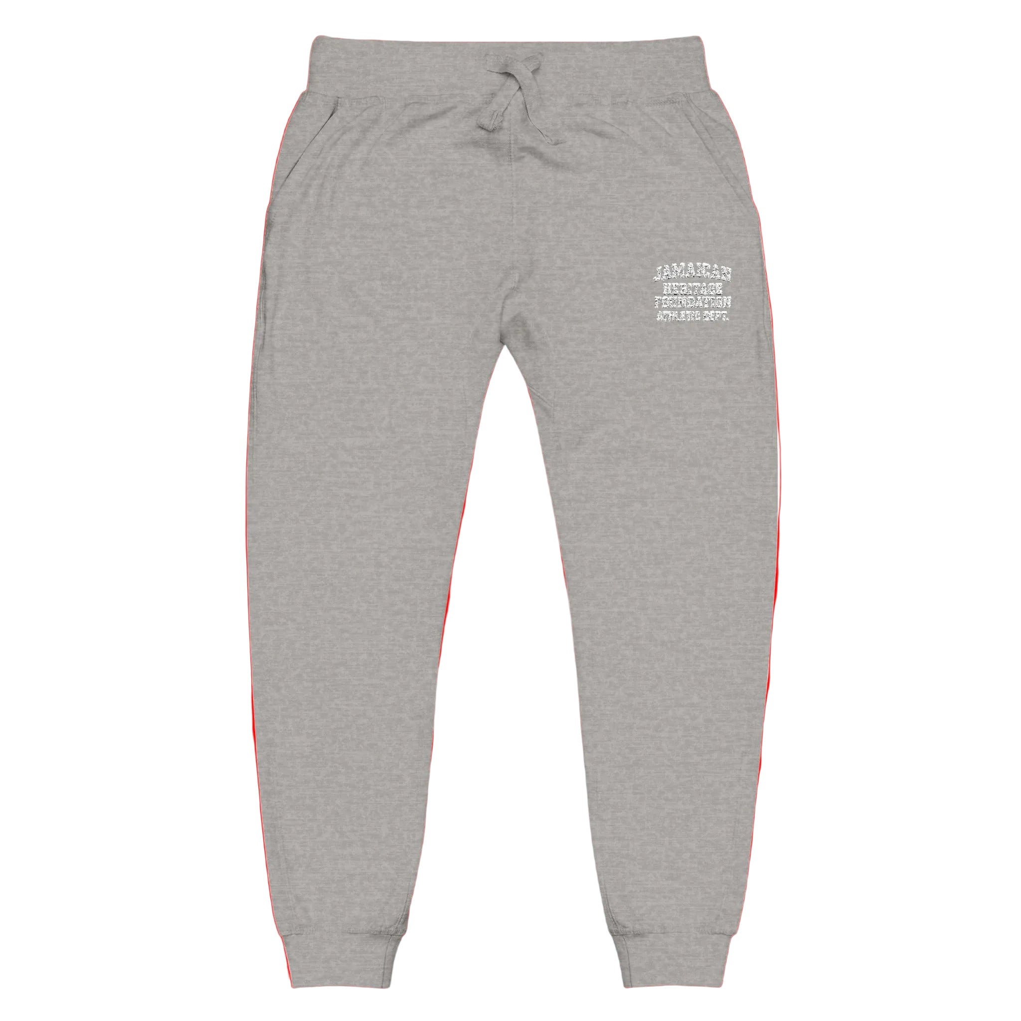 Gray sweatpants with a logo on a red background